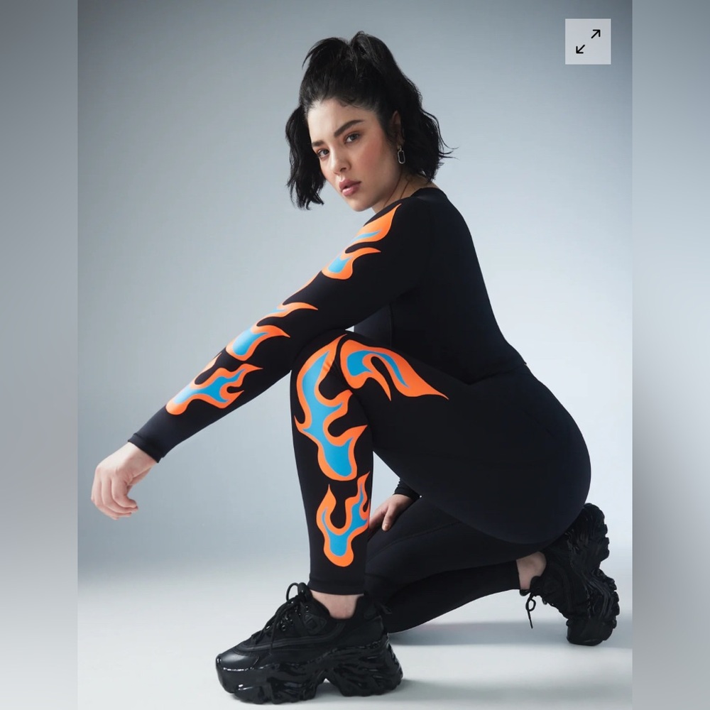 Savage X Fenty Black Leggings with Orange and Blue Flame Design